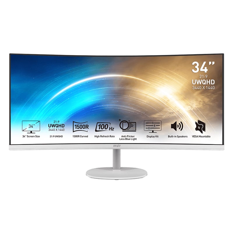 MSI PRO MP341CQ Professional Monitor 3440x1440 (UWQHD) VA 1ms 100Hz HDMI White | dynacor.co.za